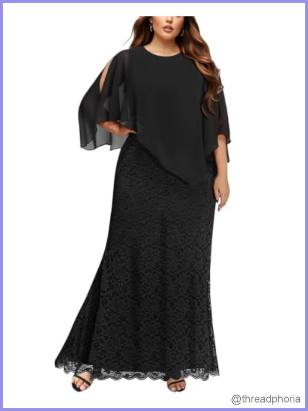 Plus Formal Evening Gown Chiffon Cape Lace Mermaid Long Dress